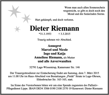 Anzeige  Dieter Riemann  Lippische Landes-Zeitung