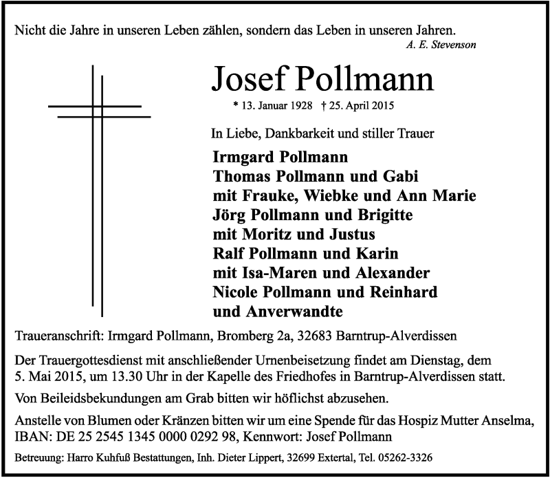  Traueranzeige für Josef Pollmann vom 29.04.2015 aus Lippische Landes-Zeitung