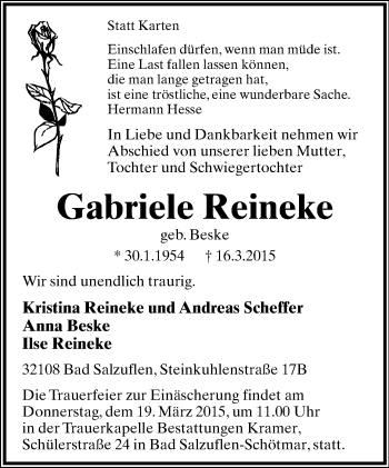 Anzeige  Gabriele Reineke  Lippische Landes-Zeitung
