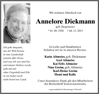 Anzeige  Annelore Diekmann  Lippische Landes-Zeitung