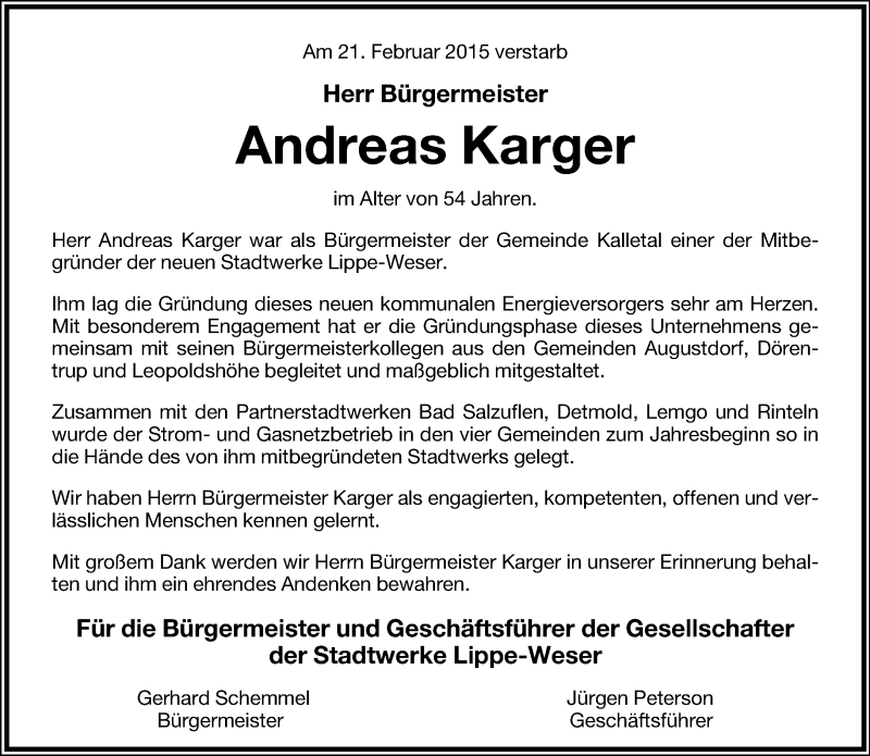  Traueranzeige für Andreas Karger vom 27.02.2015 aus Lippische Landes-Zeitung