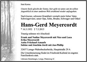 Anzeige  Hans-Gerd Meyercordt  Lippische Landes-Zeitung