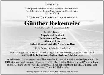 Anzeige  Günther Rekemeier  Lippische Landes-Zeitung