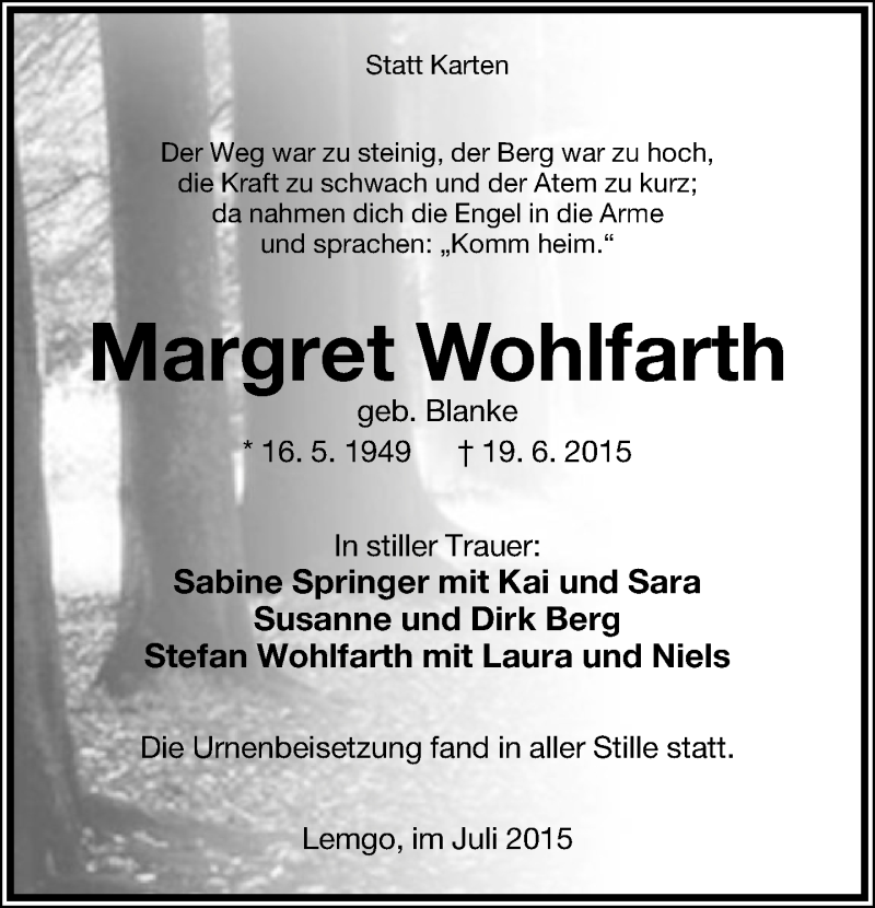  Traueranzeige für Margret Wohlfarth vom 04.07.2015 aus Lippische Landes-Zeitung