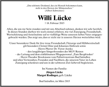 Anzeige  Willi Lücke  Lippische Landes-Zeitung