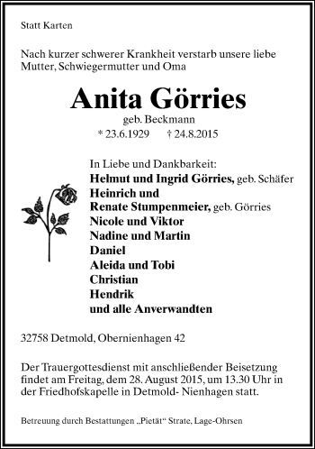 Anzeige  Anita Görries  Lippische Landes-Zeitung