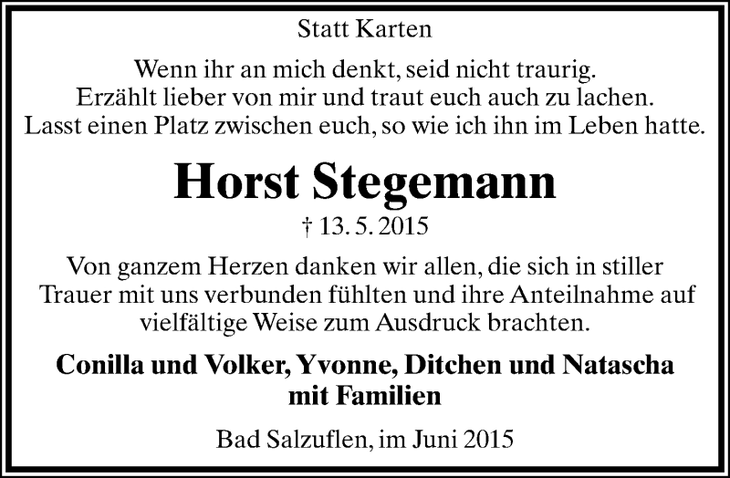  Traueranzeige für Horst Stegemann vom 06.06.2015 aus Lippische Landes-Zeitung