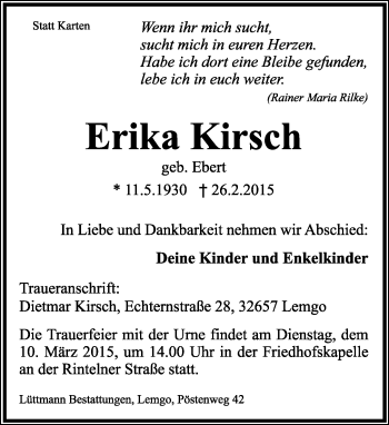 Anzeige  Erika Kirsch  Lippische Landes-Zeitung