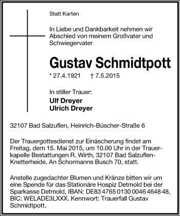 Anzeige  Gustav Schmidtpott  Lippische Landes-Zeitung