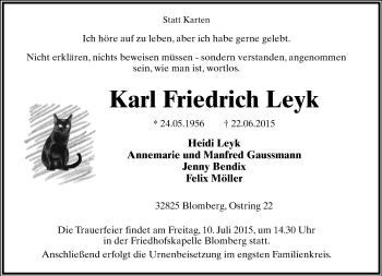Anzeige  Karl Friedrich Leyk  Lippische Landes-Zeitung