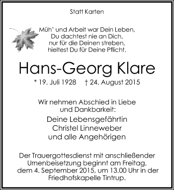 Anzeige  Hans-Georg Klare  Lippische Landes-Zeitung