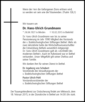 Anzeige  Hans-Ulrich Grundmann  Lippische Landes-Zeitung