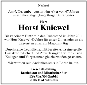 Anzeige  Horst Kniewel  Lippische Landes-Zeitung