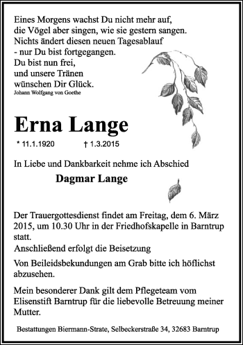 Anzeige  Erna Lange  Lippische Landes-Zeitung