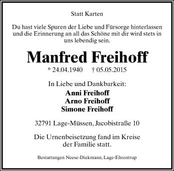 Anzeige  Manfred Freihoff  Lippische Landes-Zeitung