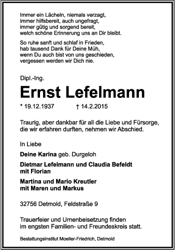 Anzeige  Ernst Lefelmann  Lippische Landes-Zeitung