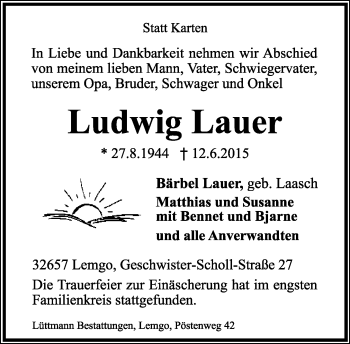 Anzeige  Ludwig Lauer  Lippische Landes-Zeitung