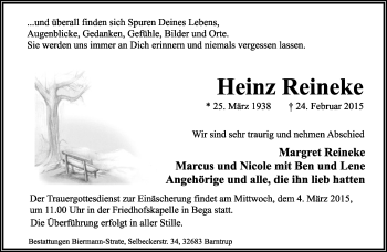 Anzeige  Heinz Reineke  Lippische Landes-Zeitung