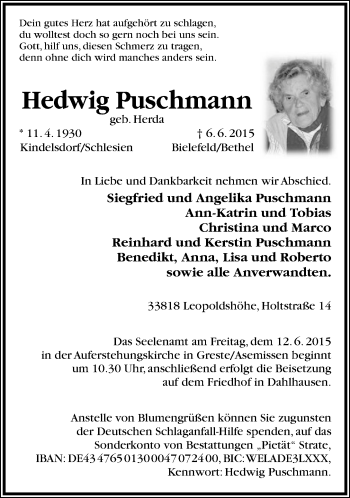 Anzeige  Hedwig Puschmann  Lippische Landes-Zeitung