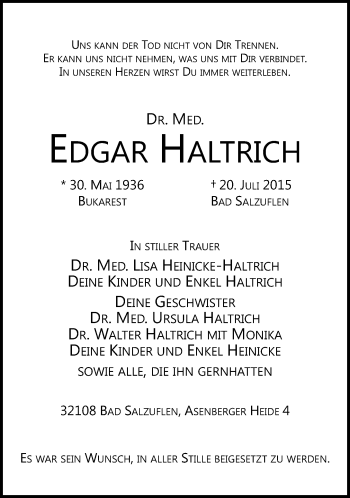 Anzeige  Edgar Haltrich  Lippische Landes-Zeitung