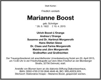 Anzeige  Marianne Boost  Lippische Landes-Zeitung