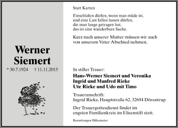 Anzeige  Werner Siemert  Lippische Landes-Zeitung