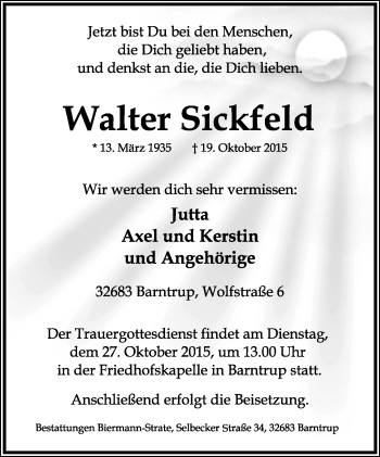 Anzeige  Walter Sickfeld  Lippische Landes-Zeitung