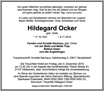 Anzeige  Hildegard Ocker  Lippische Landes-Zeitung