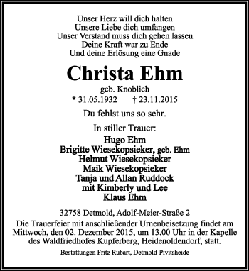Anzeige  Christa Ehm  Lippische Landes-Zeitung