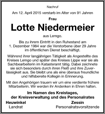 Anzeige  Lotte Niedermeier  Lippische Landes-Zeitung