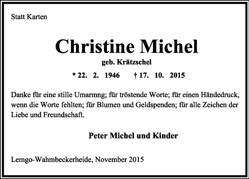  Traueranzeige für Christine Michel vom 21.11.2015 aus Lippische Landes-Zeitung