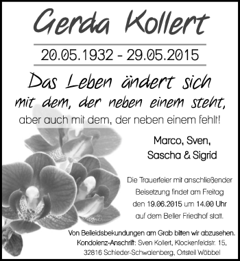 Anzeige  Gerda Kollert  Lippische Landes-Zeitung