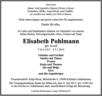 Anzeige  Elisabeth Pohlmann  Lippische Landes-Zeitung