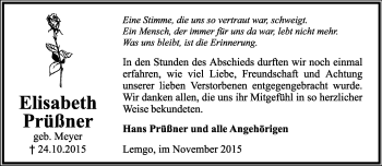 Anzeige  Elisabeth Prüßner  Lippische Landes-Zeitung