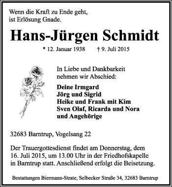 Anzeige  Hans-Jürgen Schmidt  Lippische Landes-Zeitung