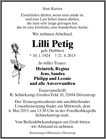 Anzeige  Lilli Petig  Lippische Landes-Zeitung