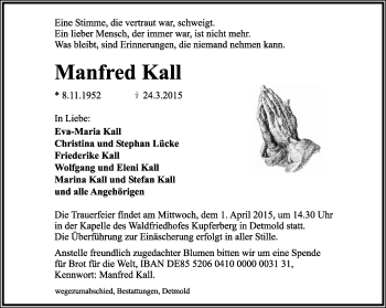 Anzeige  Manfred Kall  Lippische Landes-Zeitung