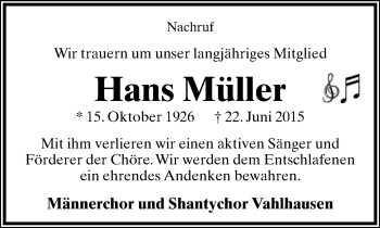 Anzeige  Hans Müller  Lippische Landes-Zeitung