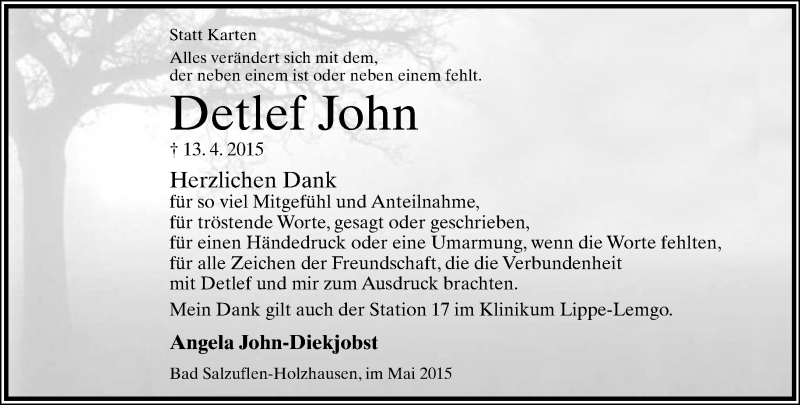  Traueranzeige für Detlef John vom 30.05.2015 aus Lippische Landes-Zeitung