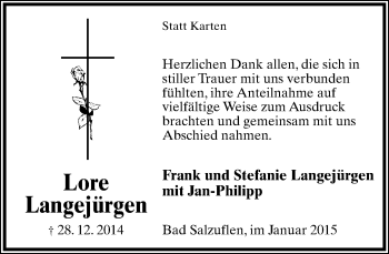Anzeige  Lore Langejürgen  Lippische Landes-Zeitung