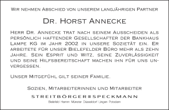 Anzeige  Horst Annecke  Lippische Landes-Zeitung
