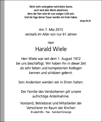 Anzeige  Harald Wiele  Lippische Landes-Zeitung