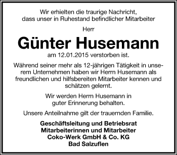 Anzeige  Günter Husemann  Lippische Landes-Zeitung