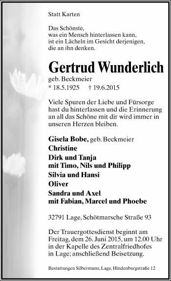 Anzeige  Gertrud Wunderlich  Lippische Landes-Zeitung