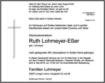 Anzeige  Ruth Lohmeyer-Eßer  Lippische Landes-Zeitung