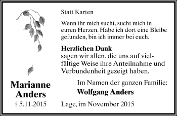 Anzeige  Marianne Anders  Lippische Landes-Zeitung