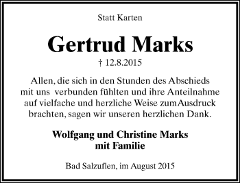 Anzeige  Gertrud Marks  Lippische Landes-Zeitung