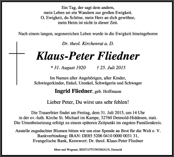 Anzeige  Klaus-Peter Fliedner  Lippische Landes-Zeitung