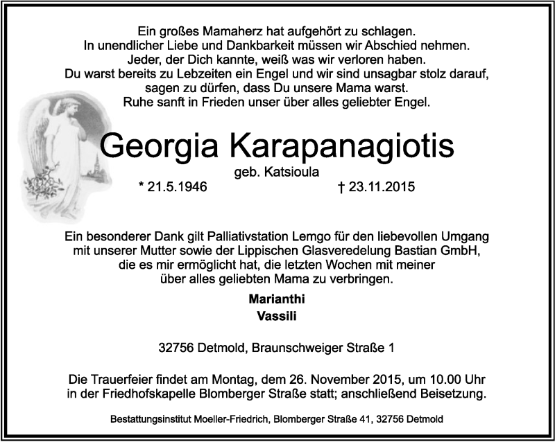  Traueranzeige für Georgia Karapanagiotis vom 28.11.2015 aus Lippische Landes-Zeitung