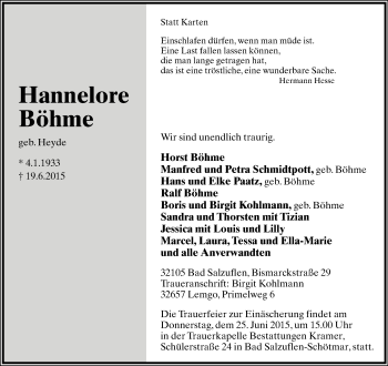Anzeige  Hannelore Böhme  Lippische Landes-Zeitung